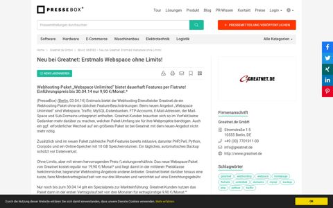 Neu bei Greatnet: Erstmals Webspace ohne Limits! - PresseBox