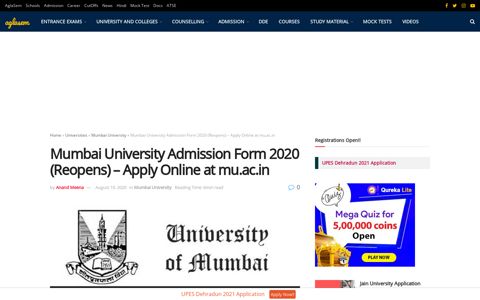 Mumbai University Admission Form 2020 (Reopens) - Apply ...