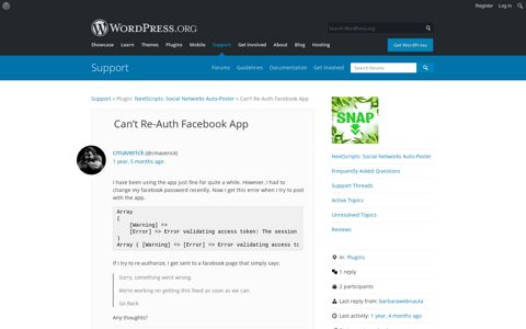 Can't Re-Auth Facebook App | WordPress.org