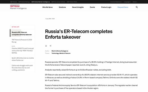 Russia's ER-Telecom completes Enforta takeover - S&P Global