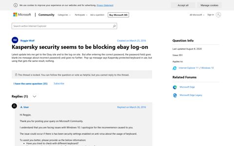 Kaspersky security seems to be blocking ebay log-on ...