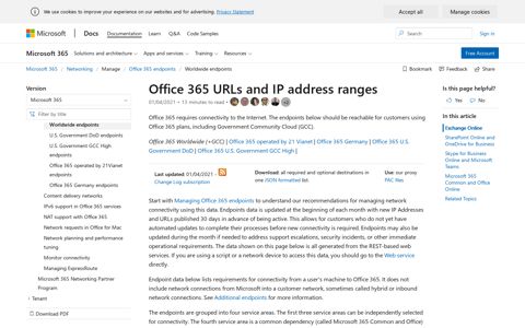 Office 365 URLs and IP address ranges - Microsoft Docs