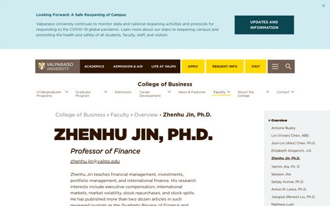 Zhenhu Jin, Ph.D. - College of Business - Valparaiso University