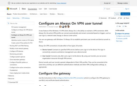 Configure an Always-On VPN user tunnel - Azure VPN Gateway