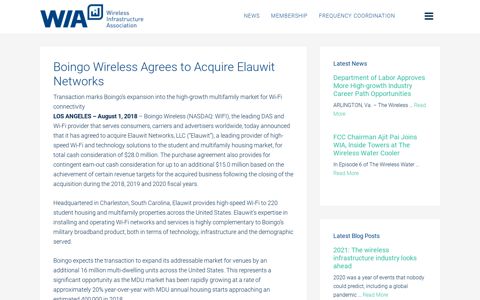 Boingo Wireless Agrees to Acquire Elauwit Networks - WIA