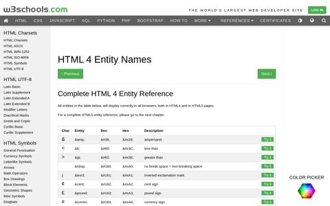 HTML 4 Entities - W3Schools