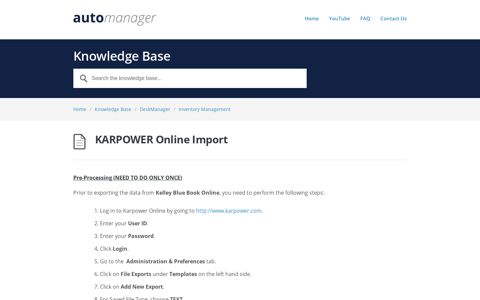 KARPOWER Online Import - - AutoManager Help Desk