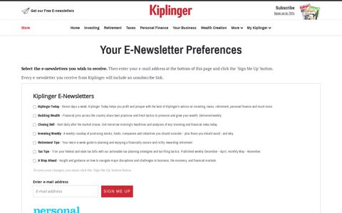 Kiplinger E-Newsletter Sign-Up Page