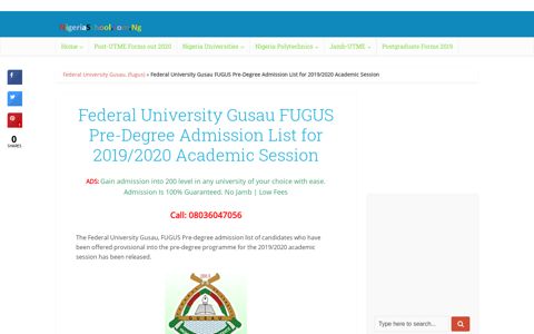 FUGUS Pre-Degree Admission List 2019/2020 (1st Batch)