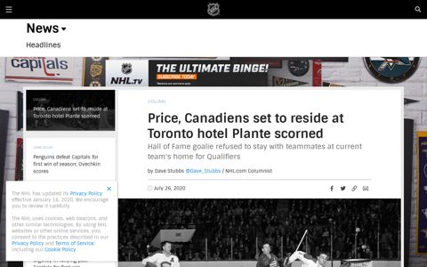 Price, Canadiens set to reside at Toronto hotel Plante scorned