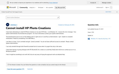 Cannot install HP Photo Creations - Microsoft Community