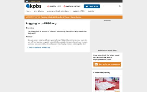 Logging in to KPBS.org: I already created an ... | KPBS
