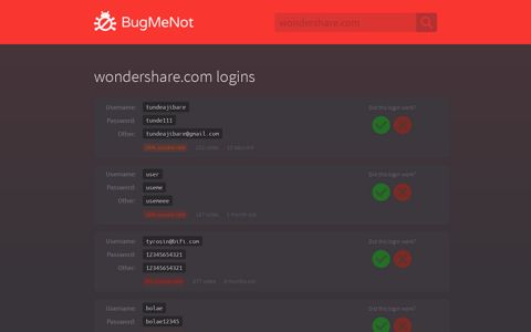 wondershare.com logins - BugMeNot