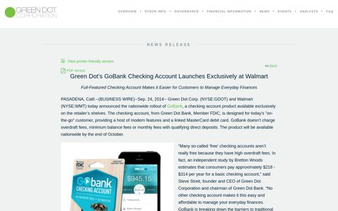 Green Dot's GoBank Checking Account Launches Exclusively ...