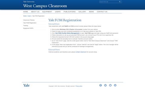 Yale FOM Registration | West Campus Cleanroom
