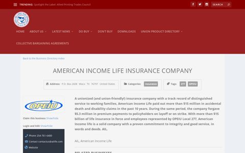 American Income Life Insurance Company | Union Label and ...