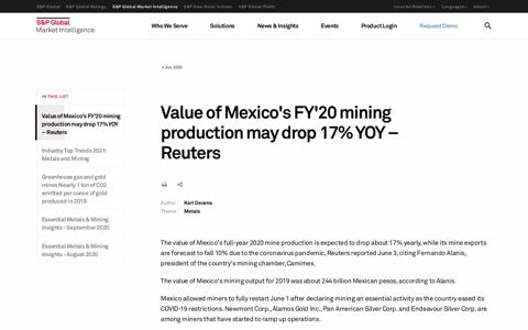 Value of Mexico's FY'20 mining production may drop 17 ...