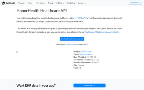 HonorHealth Healthcare API Platform - 1upHealth