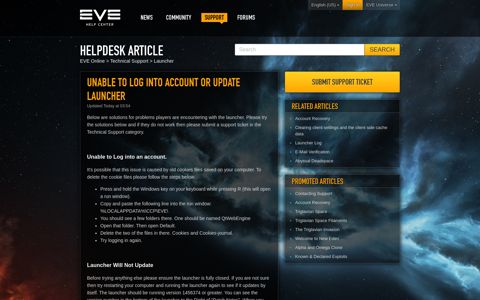 Unable to Log Into Account or Update Launcher – EVE Online
