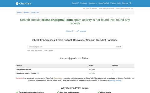 Email ericsson@gmail.com spam report - CleanTalk