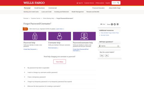 Forgot Password/Username? – Wells Fargo