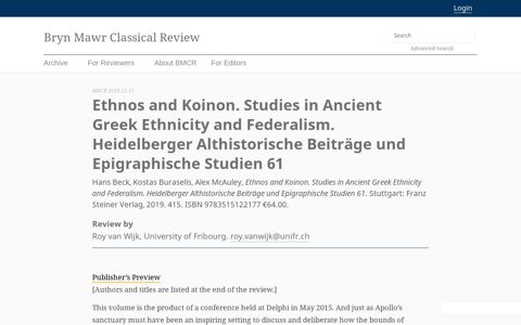 Ethnos and Koinon. Studies in Ancient Greek Ethnicity and ...
