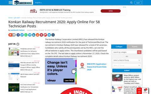 Konkan Railway Recruitment 2020: Apply Online For 58 ...