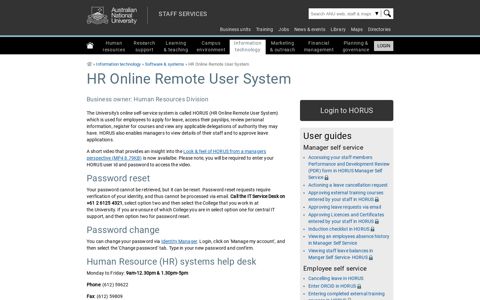 HR Online Remote User System - Staff Services - ANU