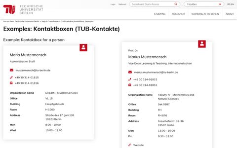 TUB Kontakte (Kontaktbox): Examples - TU Berlin