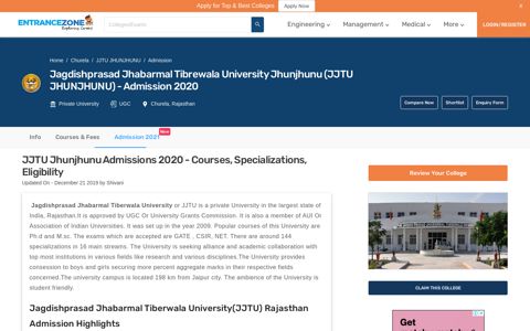 JJTU Jhunjhunu Admissions 2020 - Courses, Specializations ...