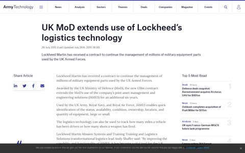 UK MoD extends use of Lockheed's logistics technology