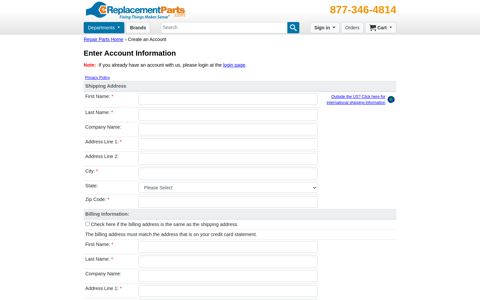 Create an Account : eReplacementParts.com