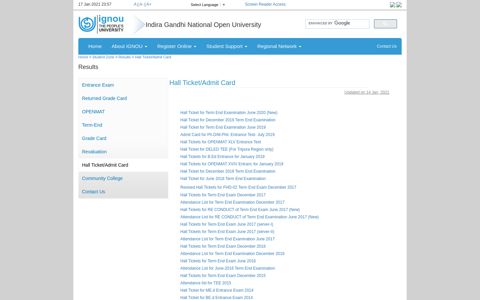 IGNOU Results - Hall Ticket/Admit Card