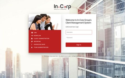 In.Corp Login Page