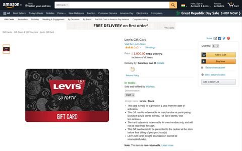 Levi's Gift Card - Rs.1000: Amazon.in: Gift Cards