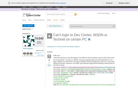 Can't login to Dev Center, MSDN or Technet on certain PC