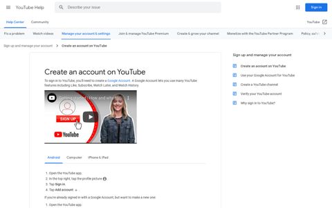 Create an account on YouTube - Android - YouTube Help