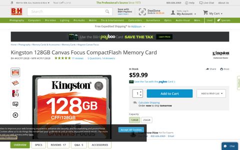 Kingston 128GB Canvas Focus CompactFlash Memory Card ...