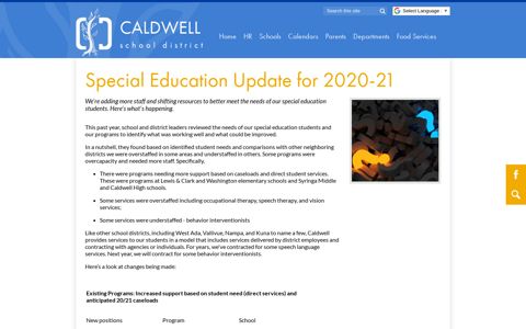 Special Education Update for 2020-21 - Caldwell School District