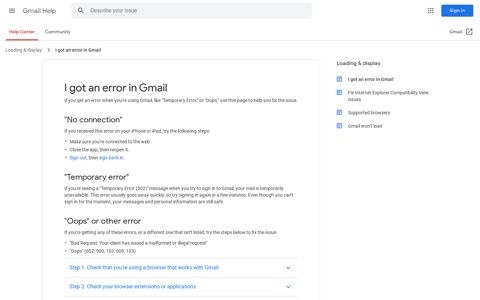 I got an error in Gmail - Gmail Help - Google Support