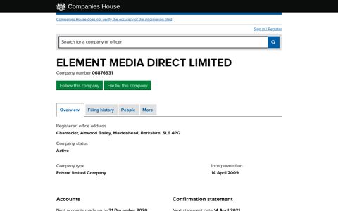 ELEMENT MEDIA DIRECT LIMITED - Overview (free company ...