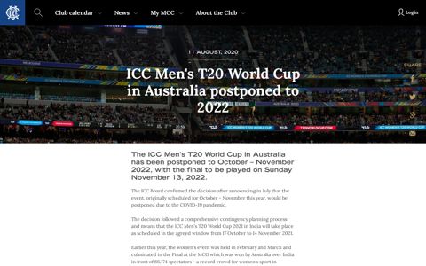 ICC Men's T20 World Cup in Australia postponed to 2022