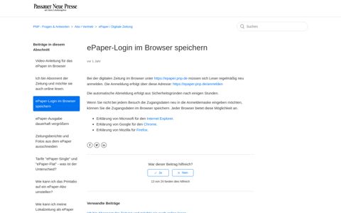 ePaper-Login im Browser speichern - PNP - Fragen & Antworten