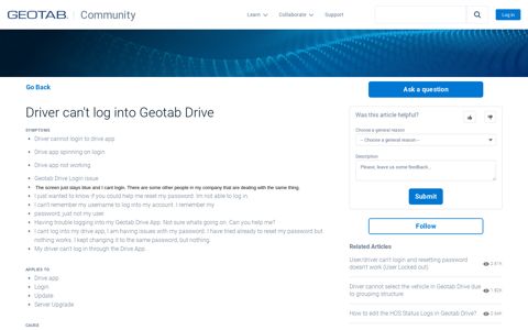 Driver can't log into Geotab Drive | Geotab Knowledge Article