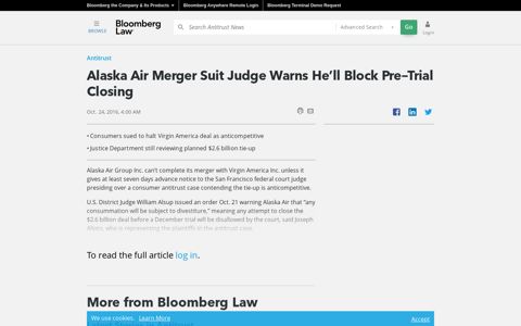 Alaska Air Merger Suit Judge Warns He'll Block Pre-Trial ...