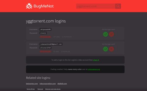yggtorrent.com logins - BugMeNot