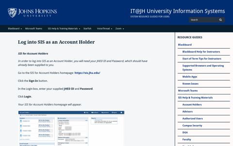 Log into SIS as an Account Holder – IT@JH University ...