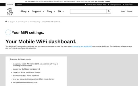 Your MiFi settings - Your Mobile WiFi dashboard. - Three