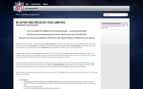 NFL OFFERS FANS FREE ACCESS TO NFL GAME PASS