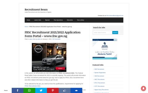 FRSC Recruitment 2020/2021 Application Form Portal | www ...